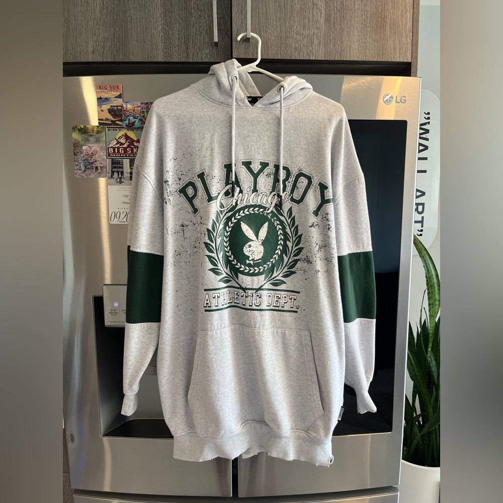 Playboy x Missguided Gray Marl Chicago Varsity Print Hoodie Dress